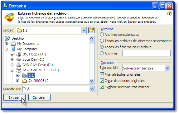 Seleccione donde colocar los ficheros extraidos del archivo RAR