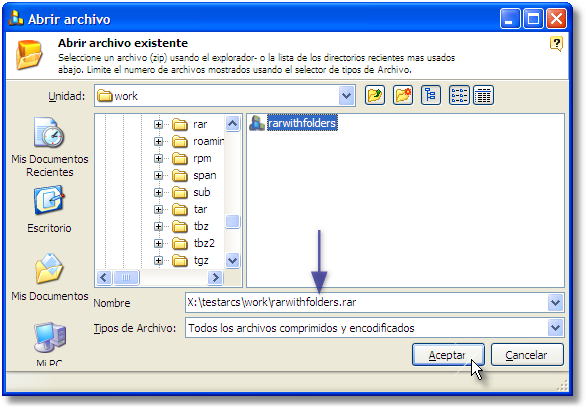 Seleccionar un archivo RAR